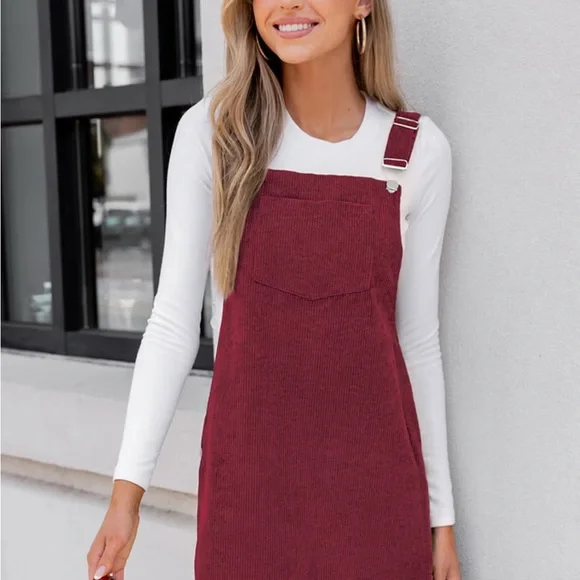 Cupshe Burgundy Long Sleeve Pinafore Dress - Picture 1 of 2